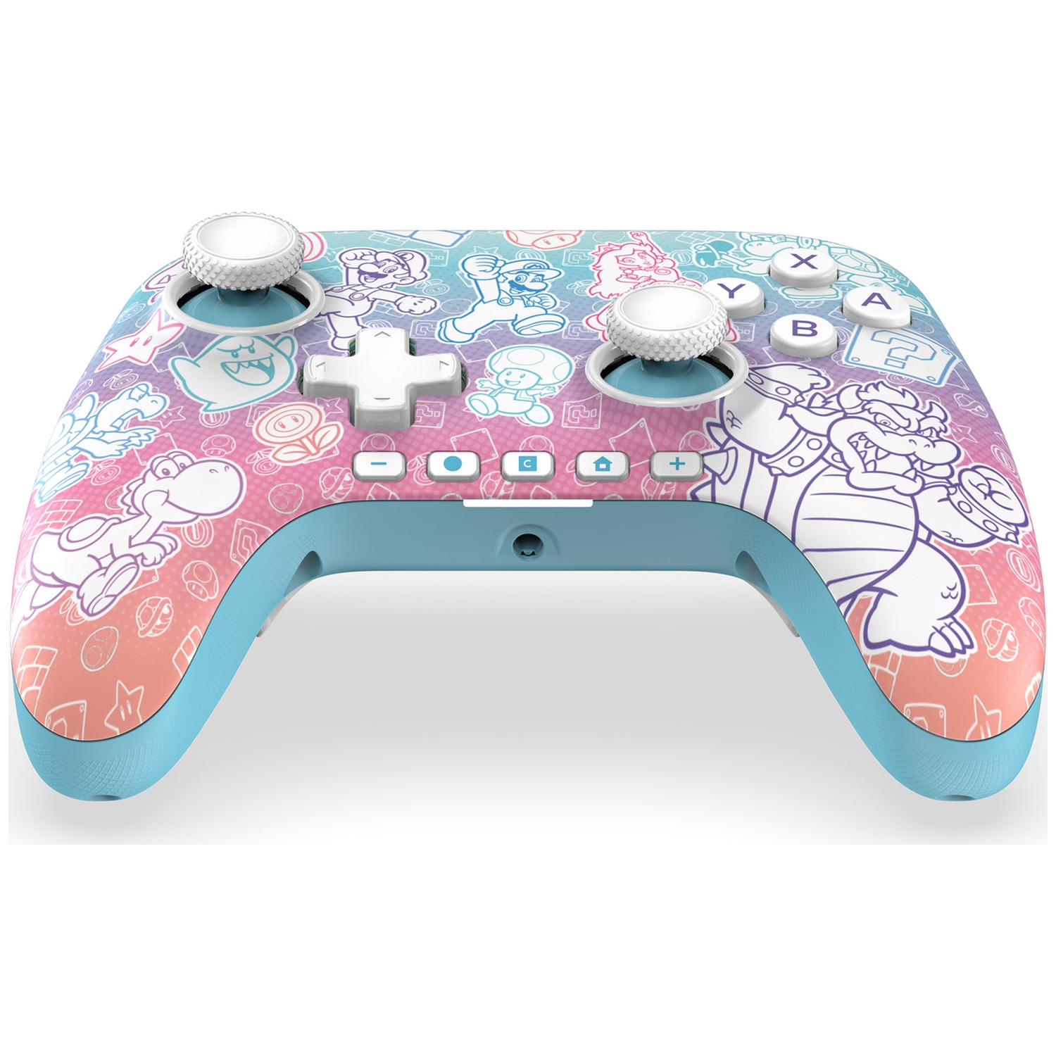 Une manette Nintendo Switch colorée avec des personnages de Mario. Elle a des poignées bleues et des boutons blancs. Fond rose, violet et bleu.