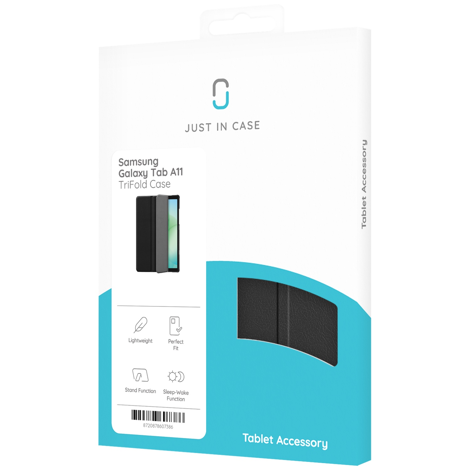 Een doos met tabletaccessoires. De doos is wit met een blauwgroene sectie. Het heeft een afbeelding van een tablethoes en de woorden 'Just In Case'.