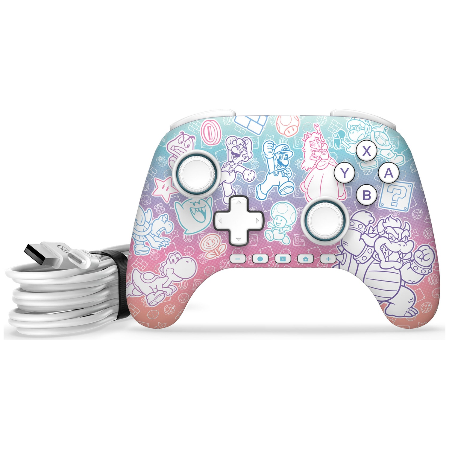 Une manette Nintendo Switch colorée avec des personnages de Mario. Elle a un câble blanc. Le fond est blanc.