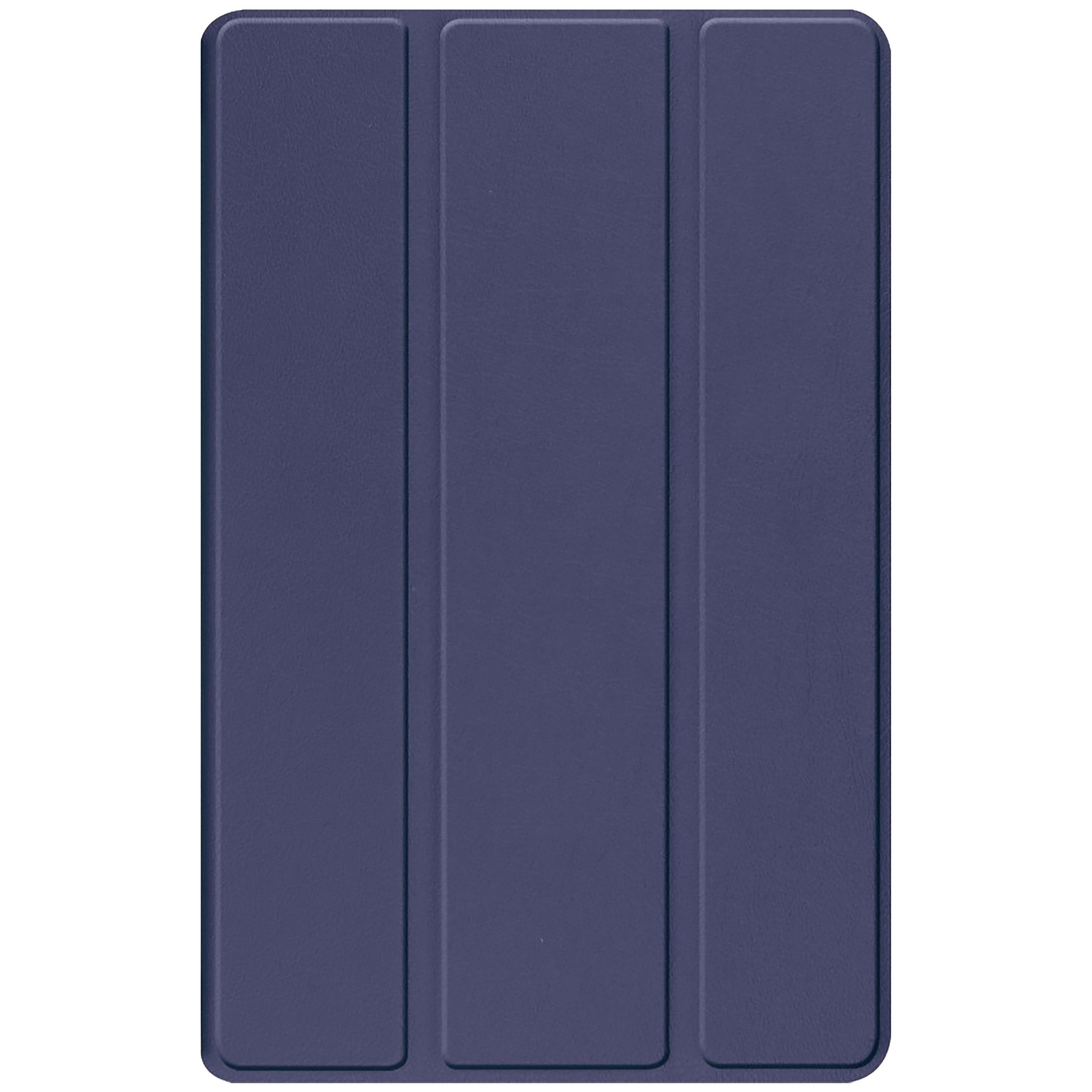 A navy blue tablet case, folded. The case has three sections, the right two larger than the left. The background is white.