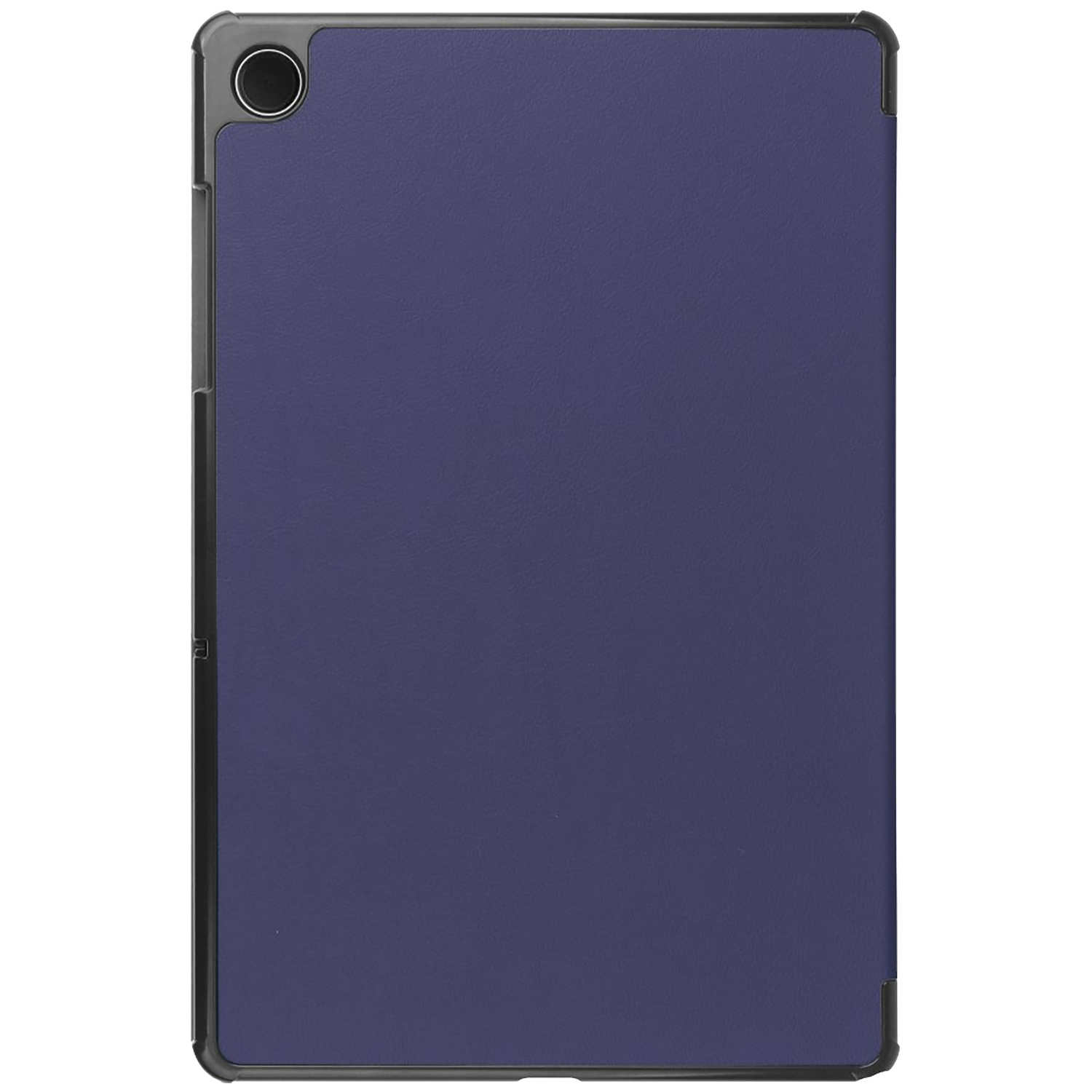 A tablet in a dark blue case, with a black frame. A camera is visible in the top left corner. The background is white.