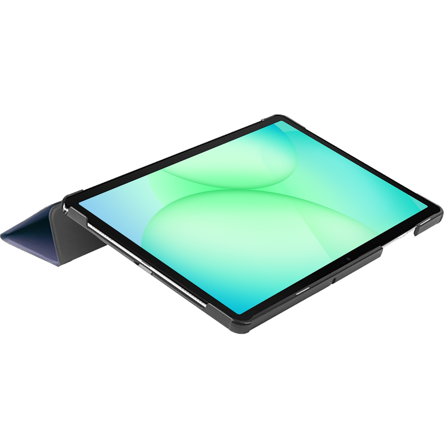 Tablet with a black frame and a screen displaying green and white circles, resting on a dark blue and gray cover.