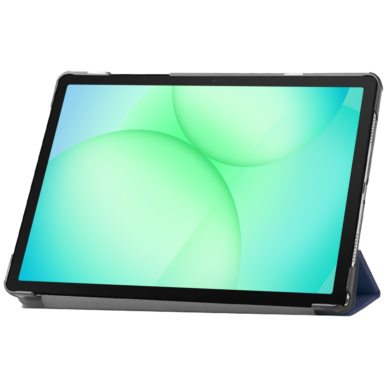 Tablet in a case, screen displaying green and blue gradients. The case is gray with a dark blue stand.