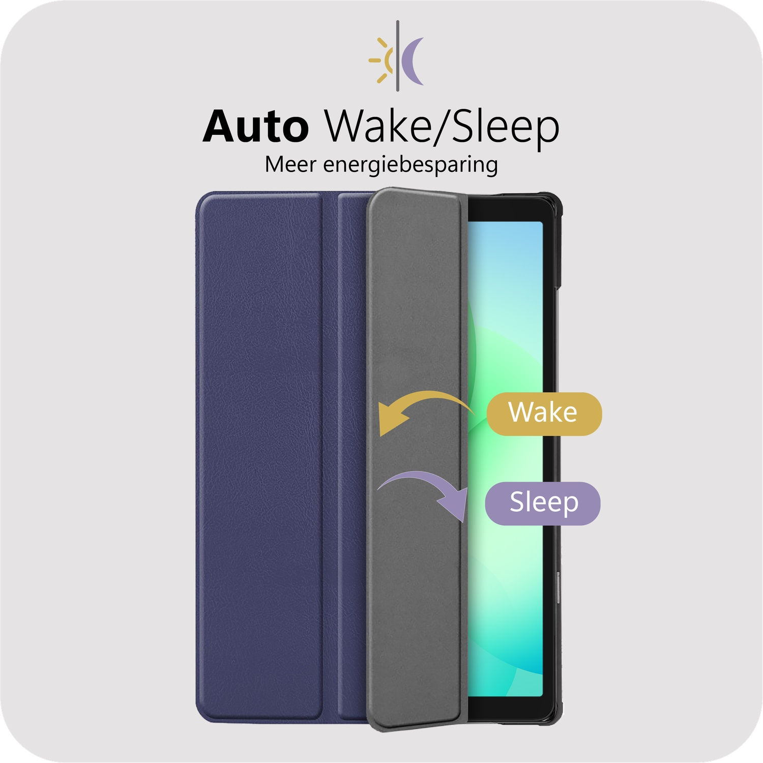 Tablet case with 'Auto Wake/Sleep' text. Open case with arrows pointing to 'Wake' and 'Sleep' options.