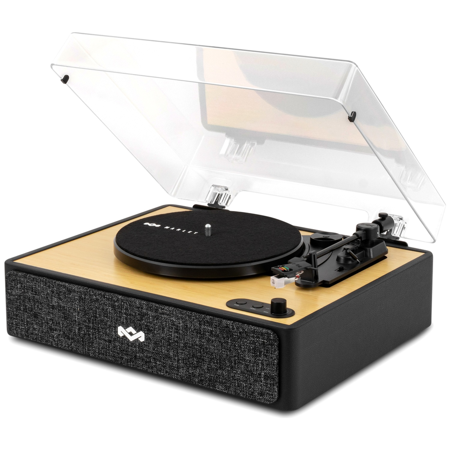 A turntable with a clear cover is displayed. It has a wooden top, black speaker fabric, and a black record player arm.