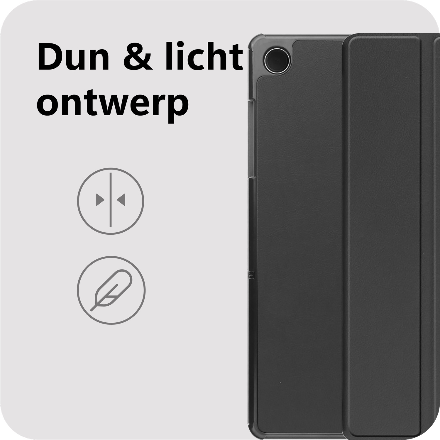 Een zwarte tablethoes is open. Tekst luidt 'Dun & licht ontwerp'. Pijlen en een veer-icoon zijn te zien.