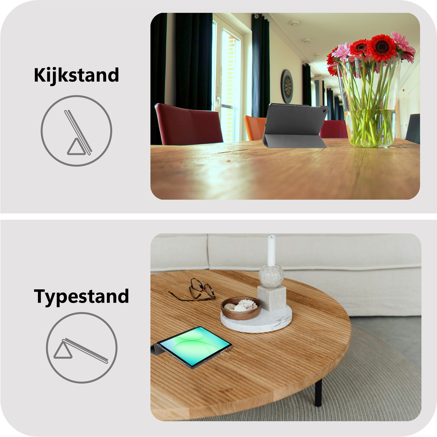 Boven: Tafel met tablet en bloemen. Onder: Tafel met tablet, bril, kom en kandelaar. Beide tabletstandaards.