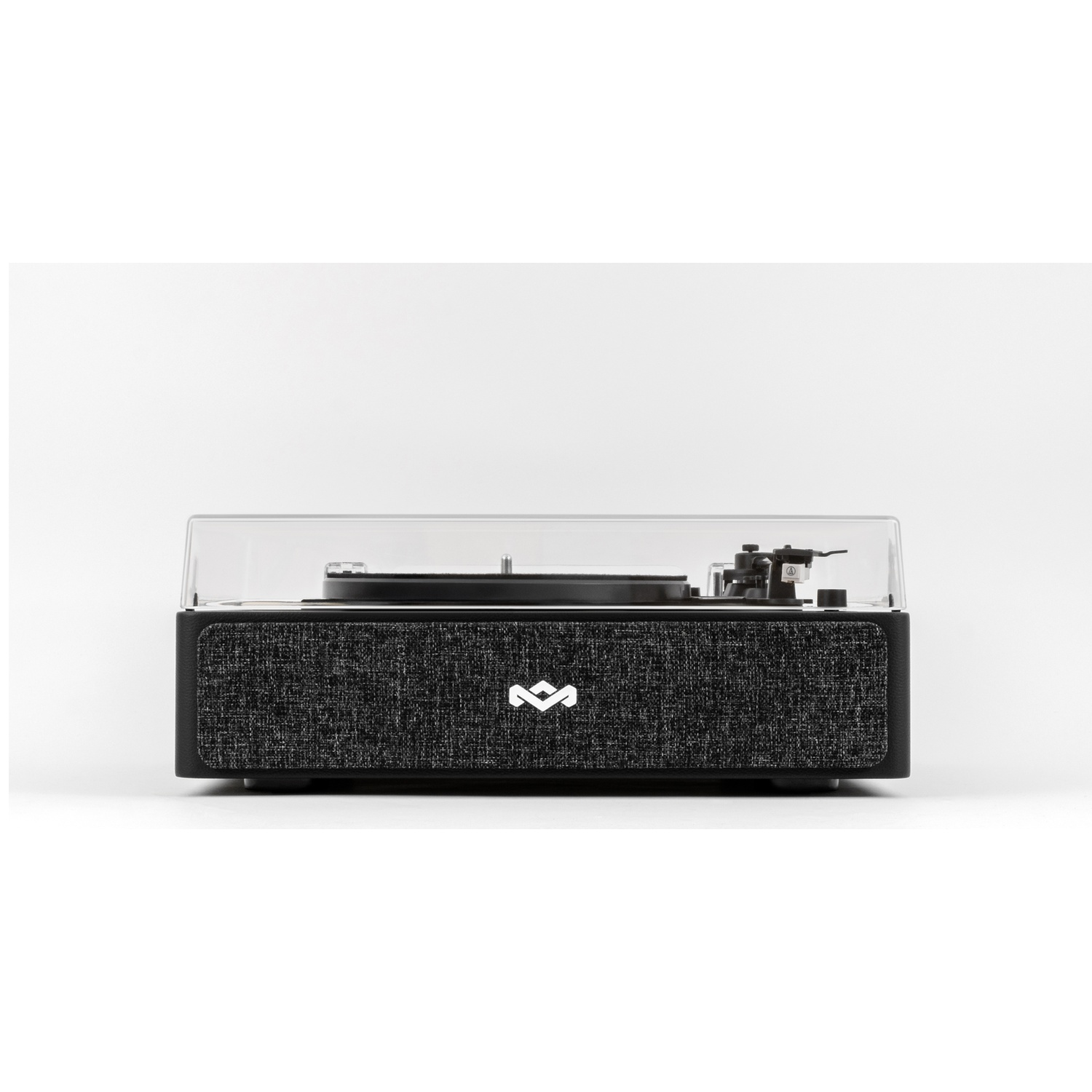 A black record player with a clear cover sits on a white background. It has a textured front and a logo.