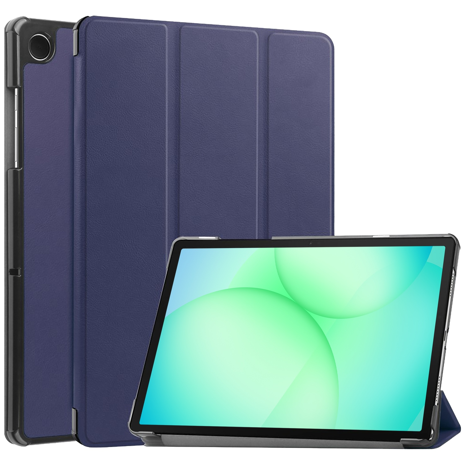 Tablet in a dark blue case. The screen displays green and blue spheres. The case is open, and a second case is behind it.