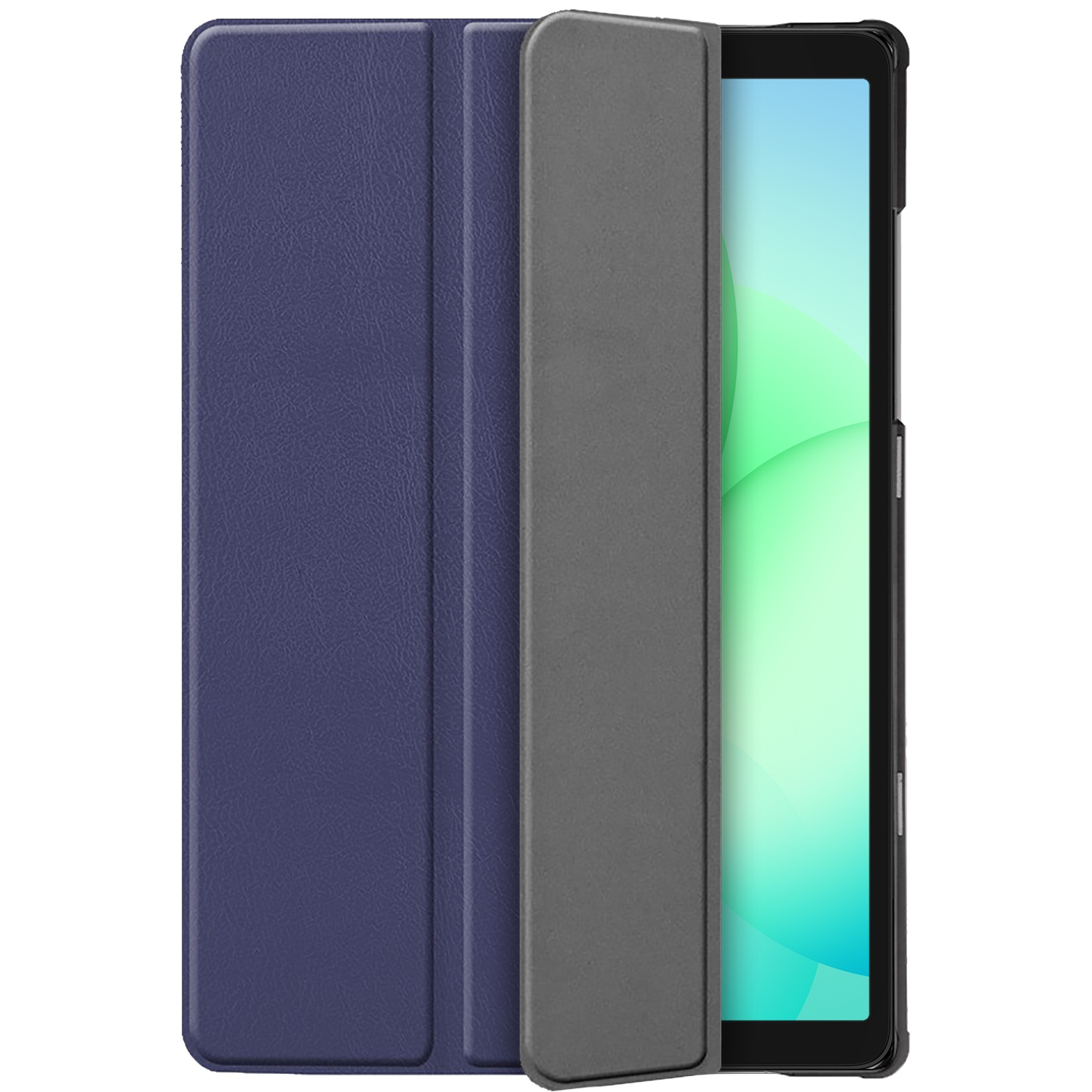Tablet in a dark blue case, partially open. The screen shows a gradient of blue and green colors.