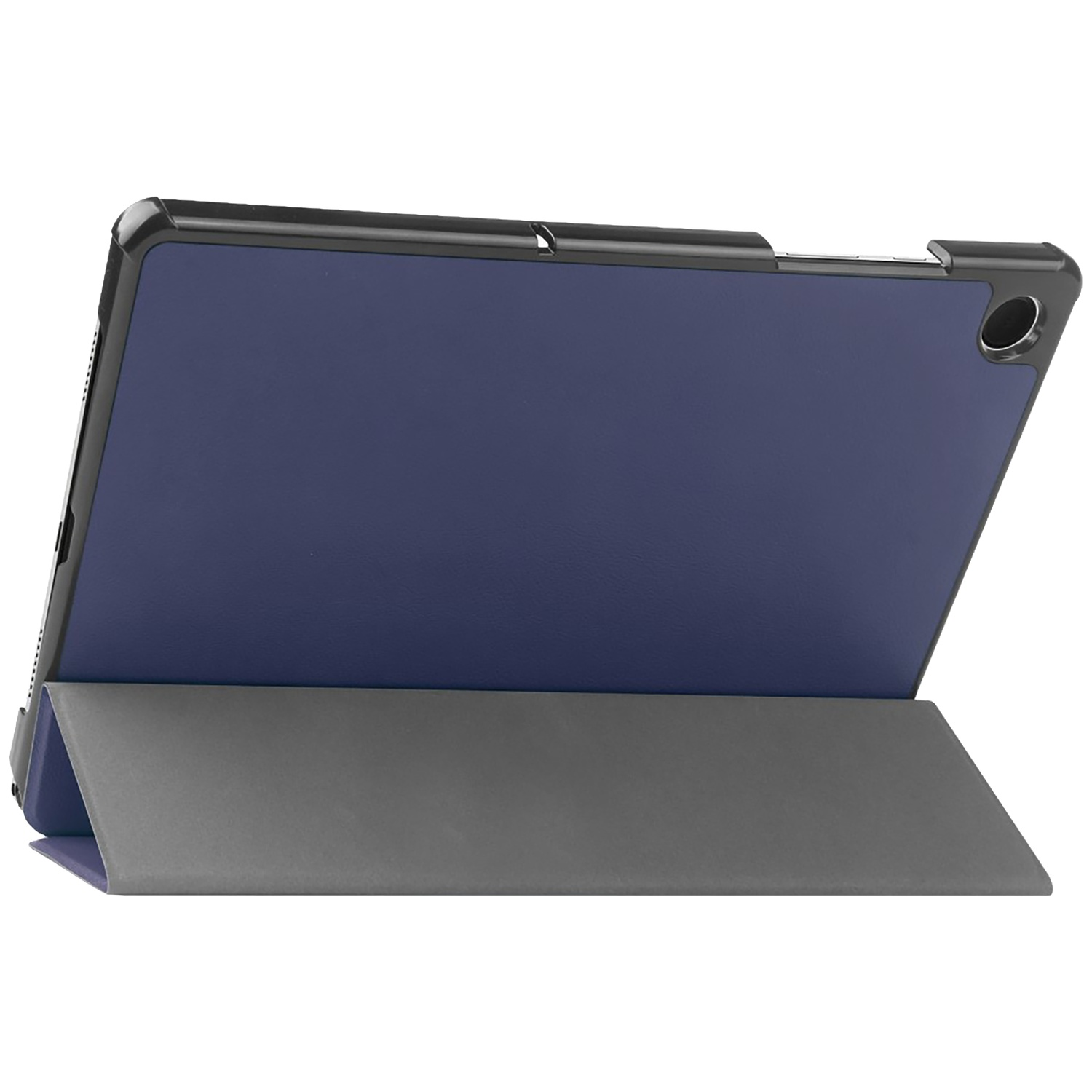 A blue tablet case is propped up by a gray cover. The case is dark blue with a black border.