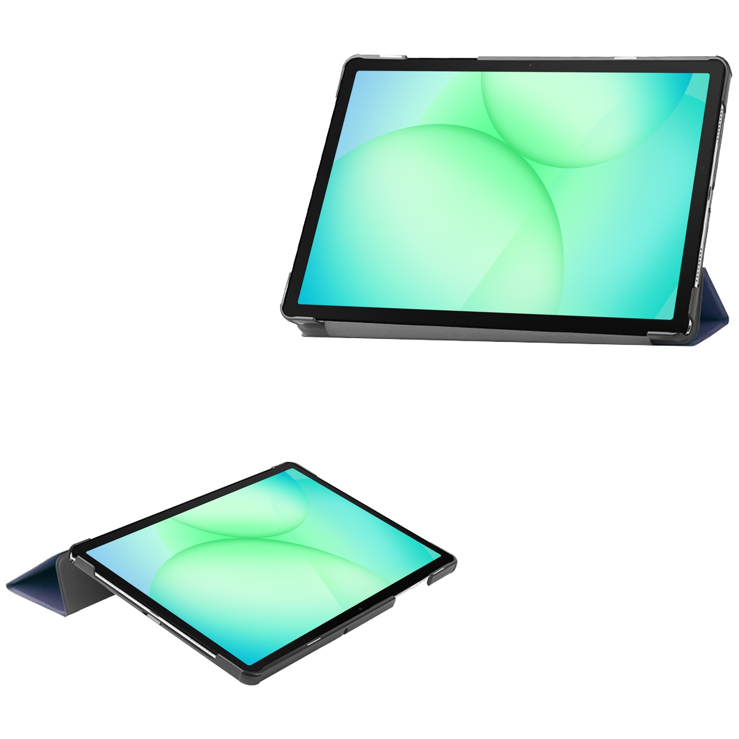 Two tablets with covers on a white background. The screens show green and blue gradient with circles.
