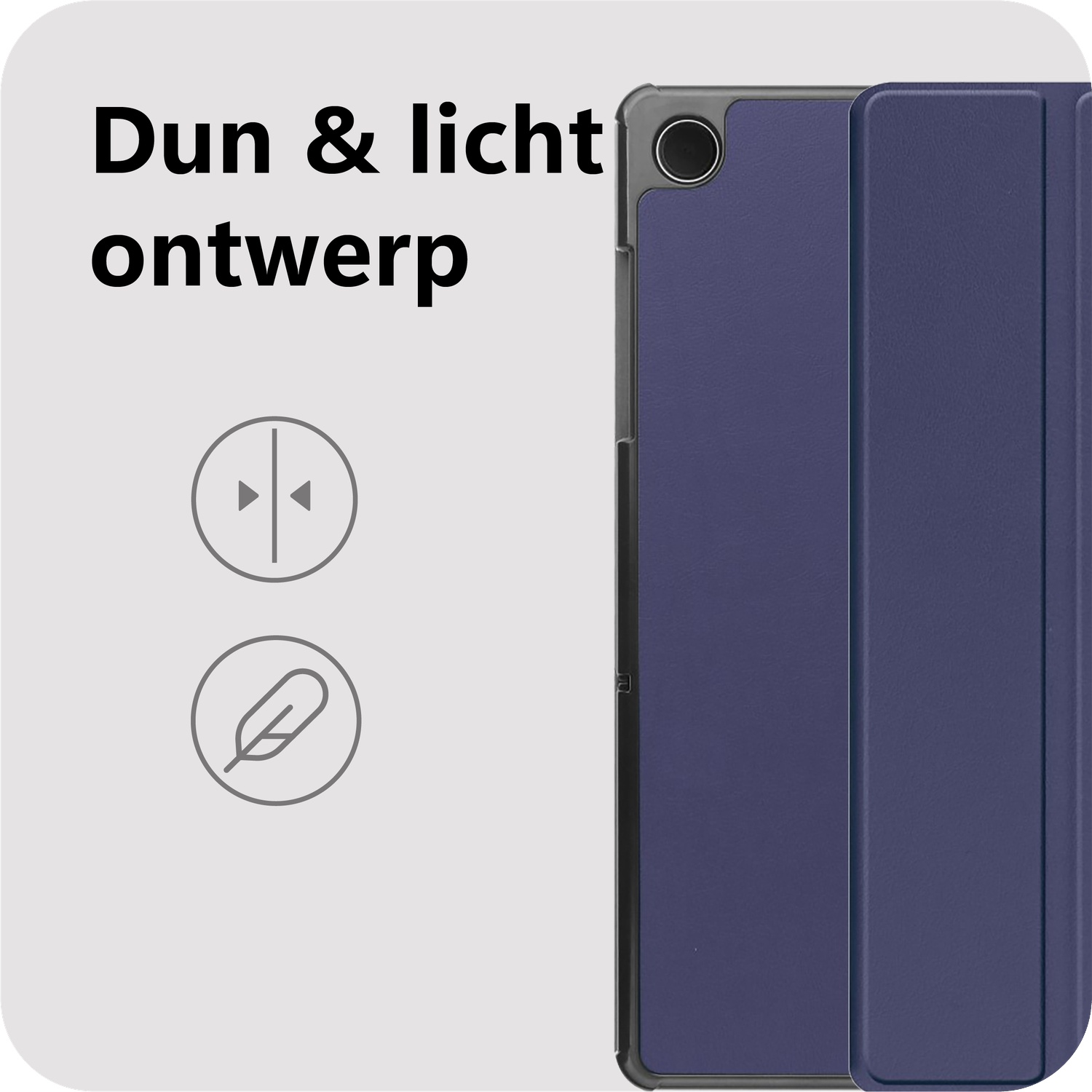 Image shows a dark blue tablet case and the words 'Dun & licht ontwerp'. There are icons for 'thin' and 'feather'.