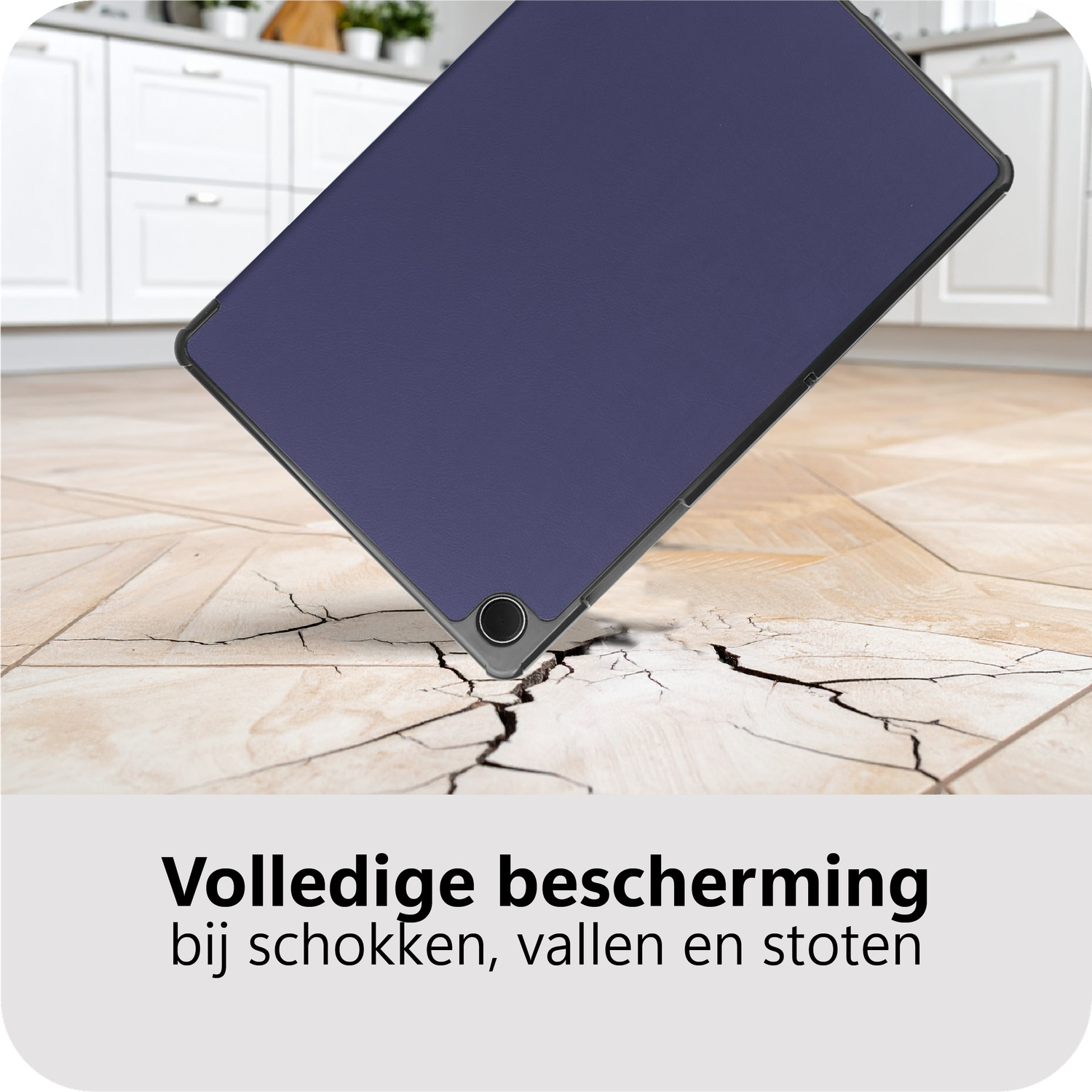 A dark blue tablet case angled on a cracked wooden floor, with white cabinets in the background. Text at the bottom.