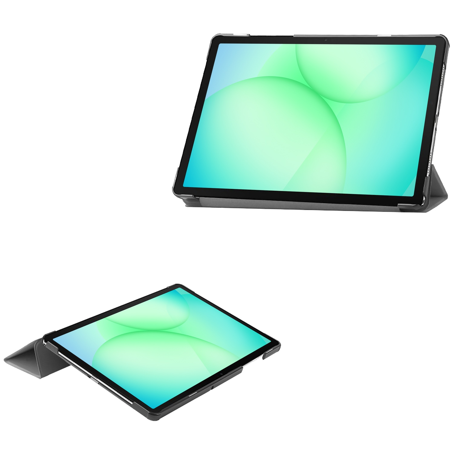 Two tablets with green and blue screens are displayed, one above the other. Both are in dark gray cases, against a white background.