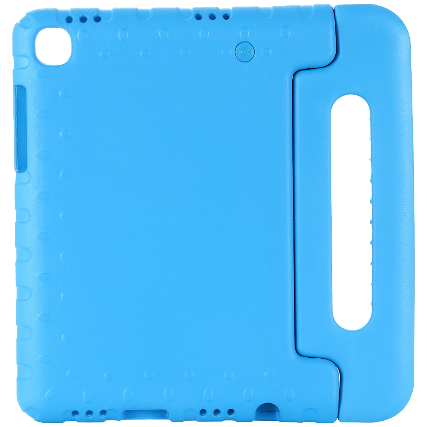 A light blue tablet case with a handle. The case has a smooth surface with small holes and a camera opening.