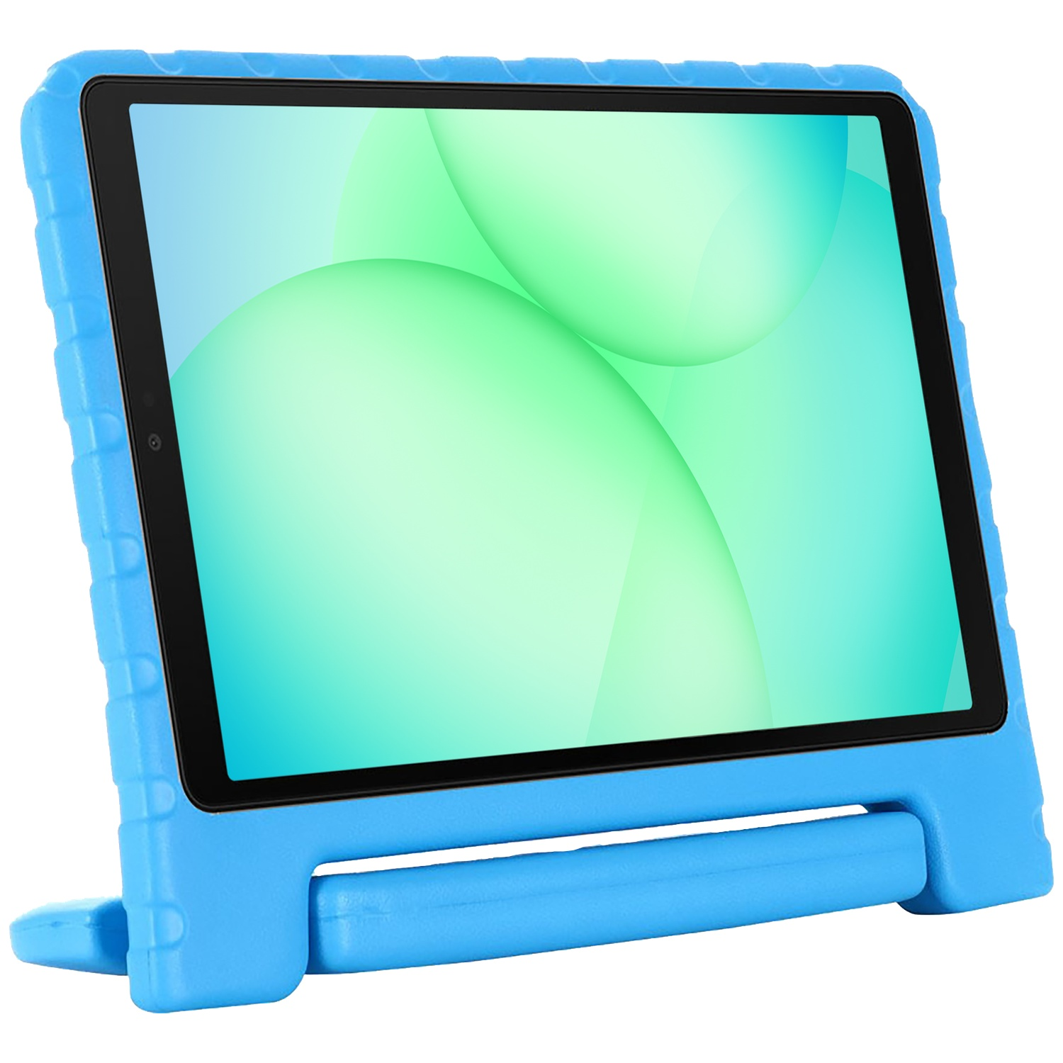 Blue tablet in a blue protective case. The screen displays green and white abstract shapes. The case has a stand.