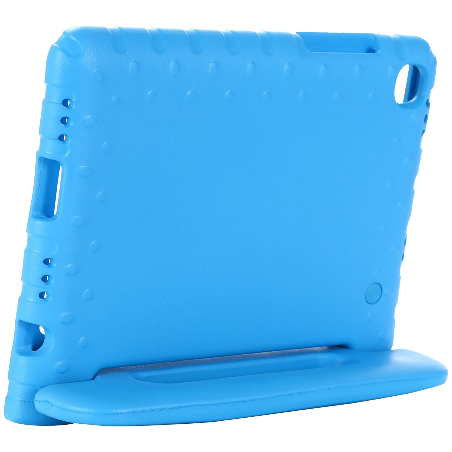 A light blue tablet case with a built-in stand. It has holes for buttons and a camera. The surface has small bumps.
