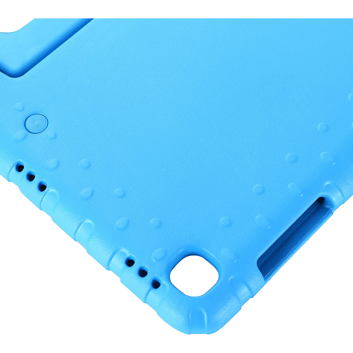 Close-up of a blue tablet case. Features include a textured surface, rounded edges, and several holes for buttons and ports.