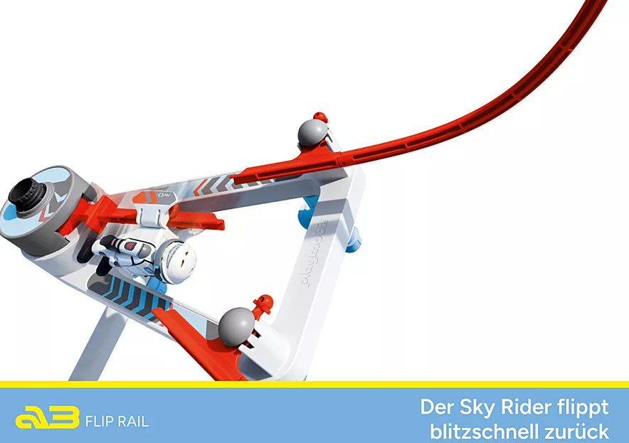 Eine Spielzeugrennstrecke mit roter gebogener Strecke und weißer Struktur. Ein Spielzeugastronaut fährt die Strecke entlang.