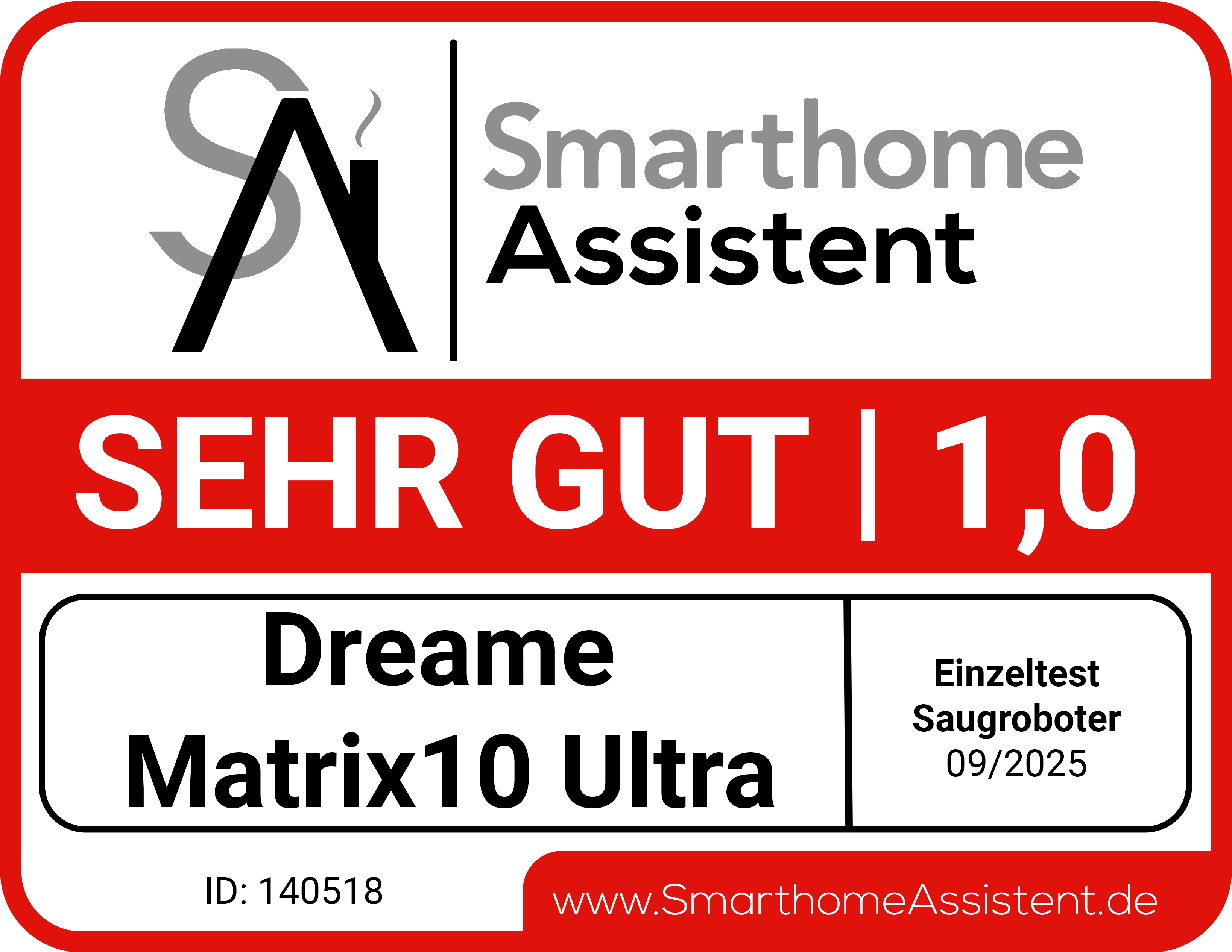 Eine rot-weiße Grafik mit Text, darunter "SEHR GUT 1,0" und "Dreame Matrix10 Ultra". Der Hintergrund ist schwarz.