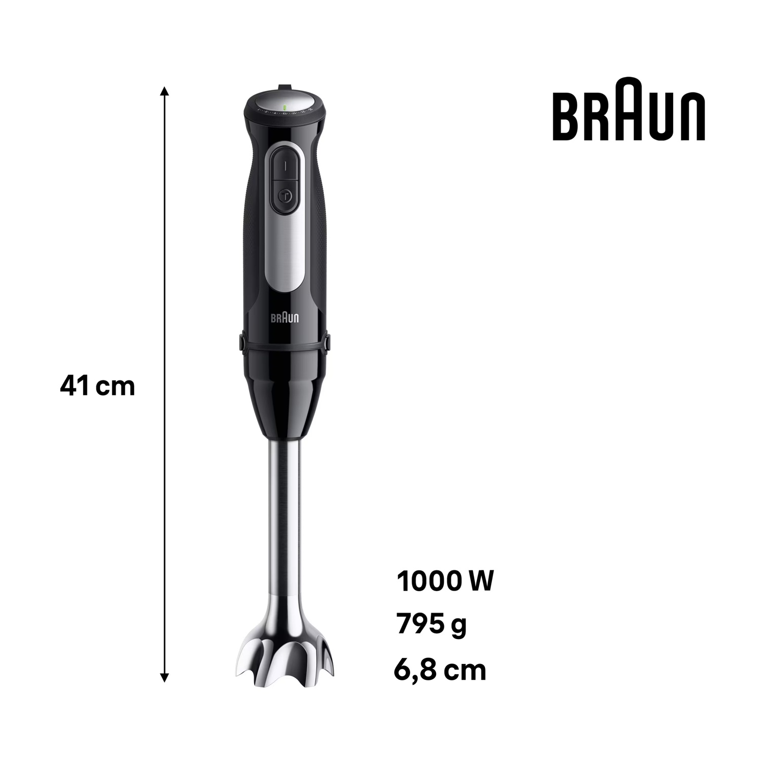 Un frullatore a immersione Braun nero e argento è mostrato. Ha un pulsante di accensione e testo che indica 1000W, 795g e 6,8 cm. Il logo del marchio è presente.