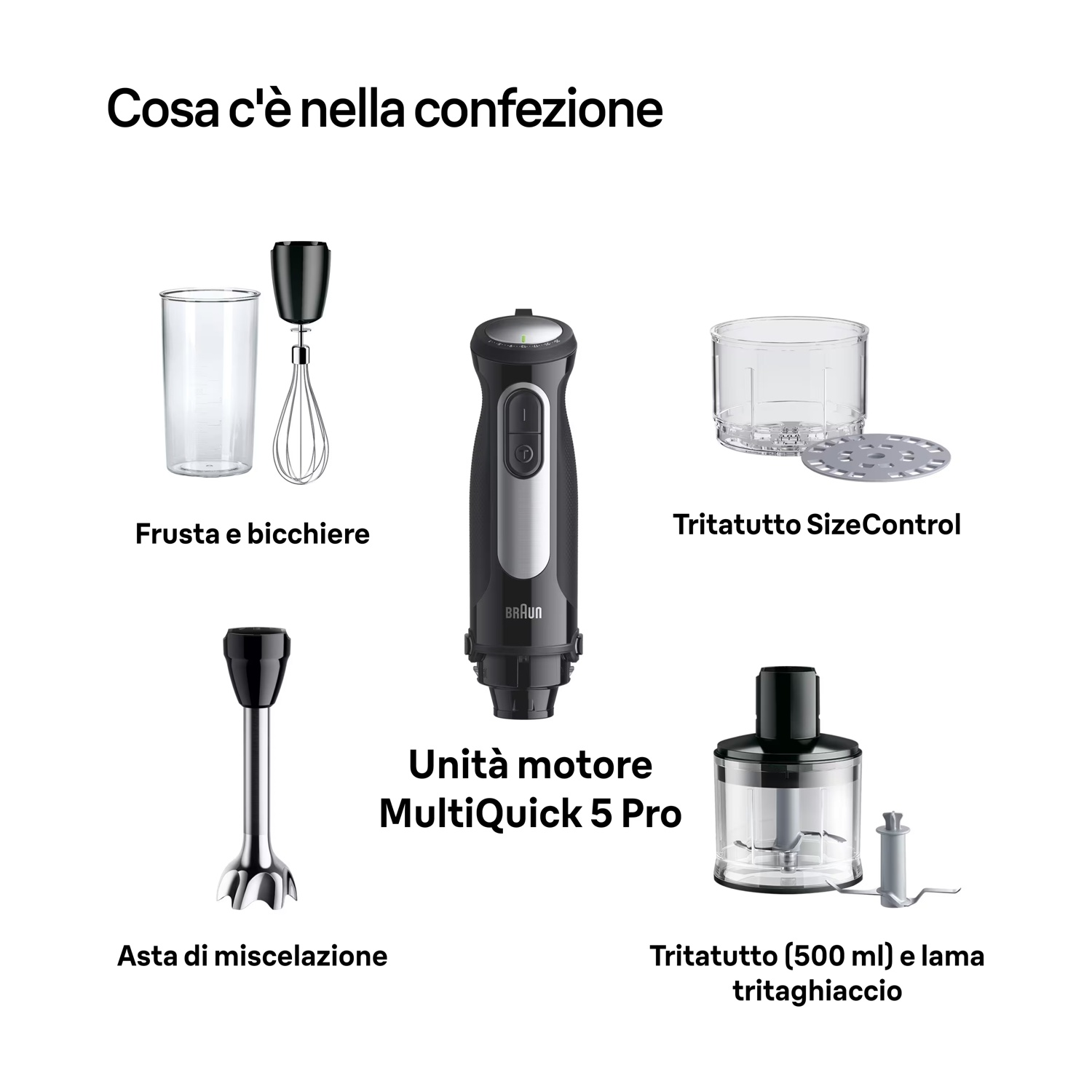 L'immagine mostra le parti del Braun MultiQuick 5 Pro: bicchiere, frusta, unità motore, tritatutto SizeControl, asta di miscelazione e tritaghiaccio.