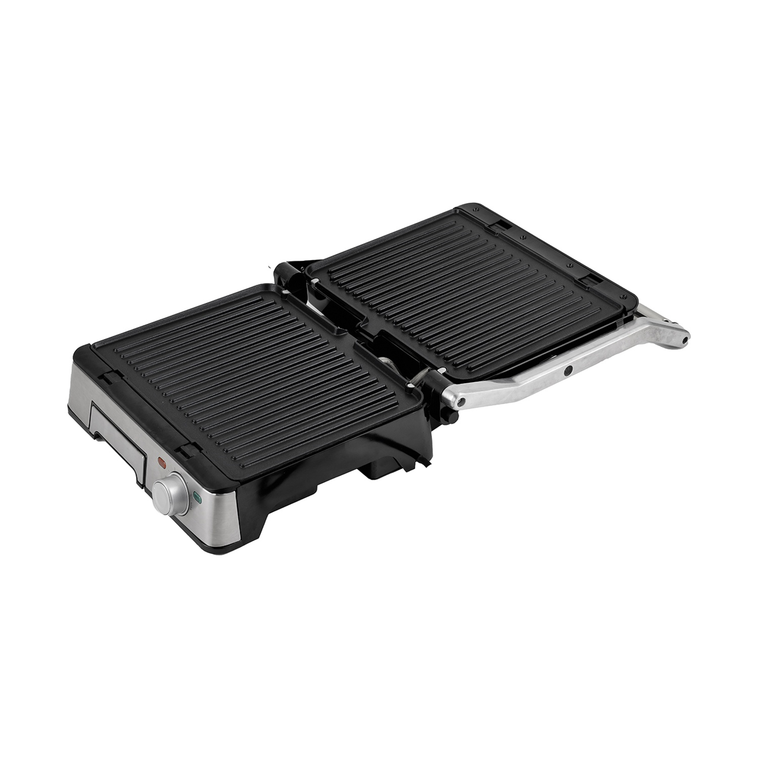 Una griglia elettrica aperta, piastre nere, manico e base argentati. È visibile un quadrante con luci.