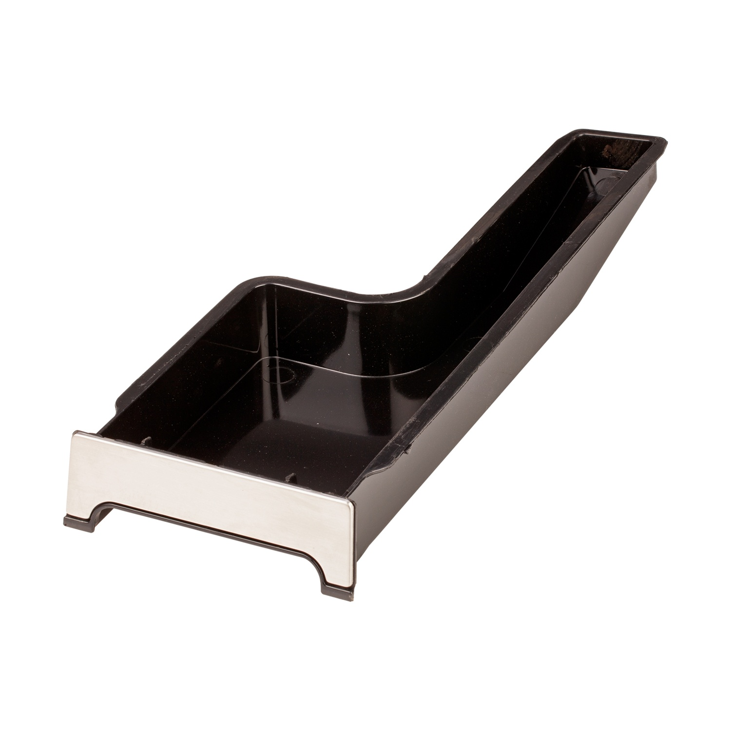 Un vassoio di plastica nera con un pezzo frontale in metallo lucido. Ha un design angolare e si trova su uno sfondo bianco.