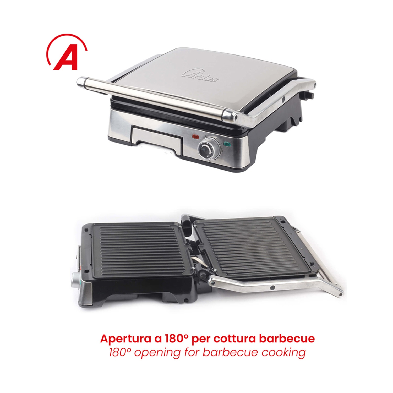 Griglia argento e nera, aperta e chiusa, con logo "A" rosso. Testo: "Apertura 180° per cottura barbecue".