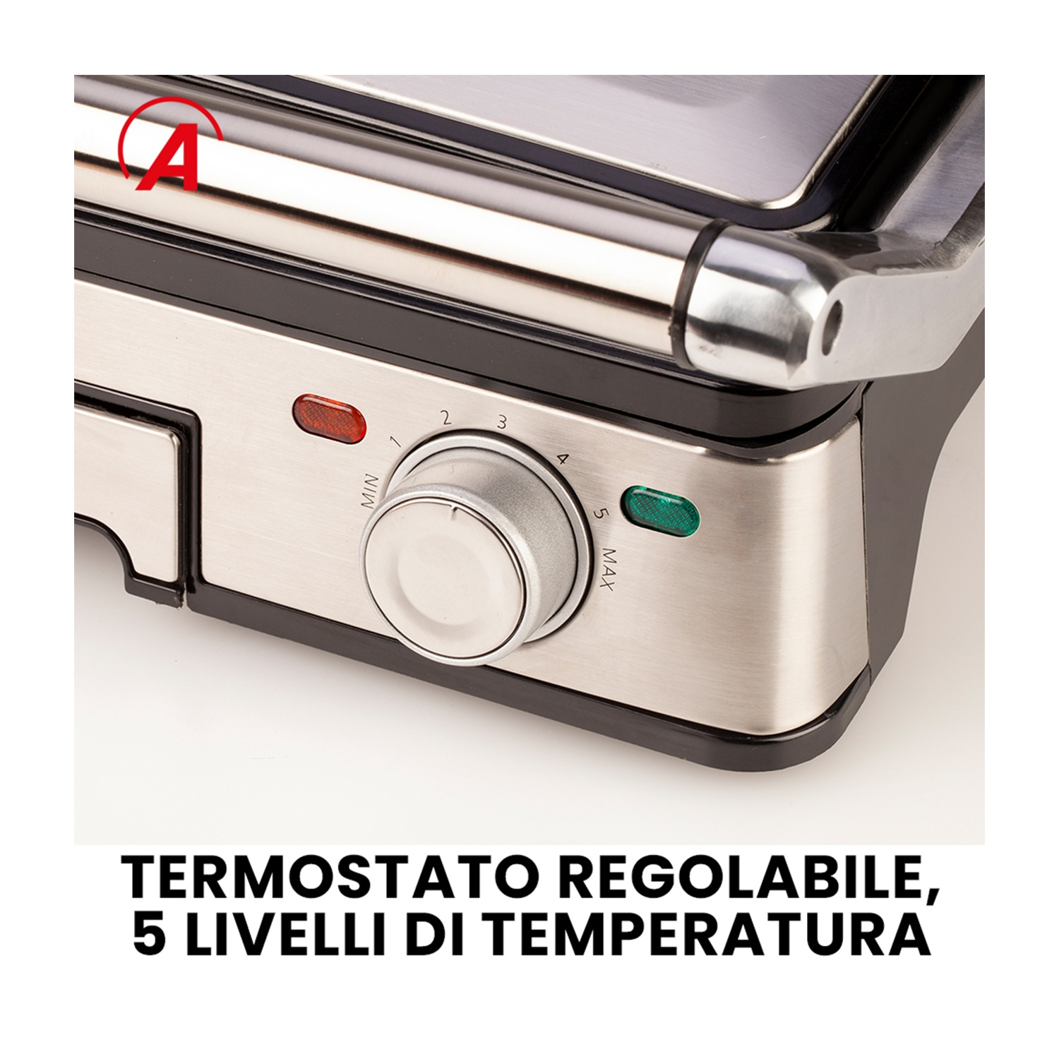 Primo piano di una griglia argentata con manopola, luci rosse e verdi. Testo: termostato regolabile, 5 livelli di temperatura.