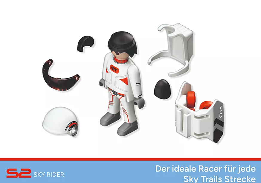 Eine weiße und rote Astronautenfigur mit Zubehör, darunter ein Helm, ein schwarzes Visier und weiße Stützteile, auf weißem Hintergrund.