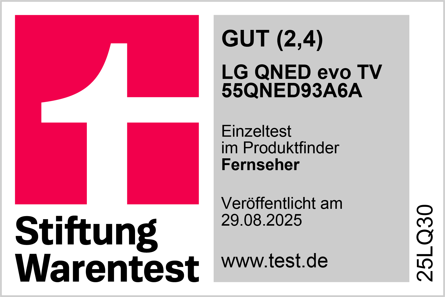 Das Bild zeigt das Logo von Stiftung Warentest und Text zu einem Fernseher mit der Bewertung 2,4. Es enthält Modelldetails und ein Veröffentlichungsdatum.