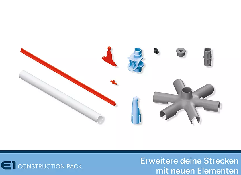 Verschiedene Konstruktionsspielzeugteile in Rot, Weiß, Blau und Grau. Enthält Stäbe, Verbinder und ein sternförmiges Mittelstück. Weißer Hintergrund.