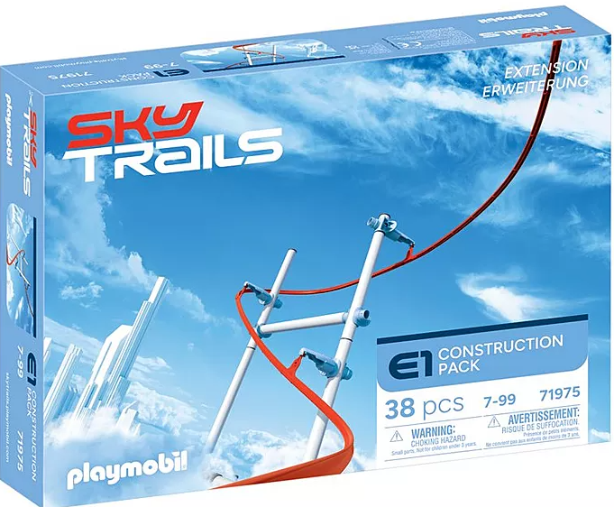 Schachtelkunst für Sky Trails E1 Construction Pack. Enthält einen blauen Himmel Hintergrund und eine rot-weiße Spielzeugstruktur.