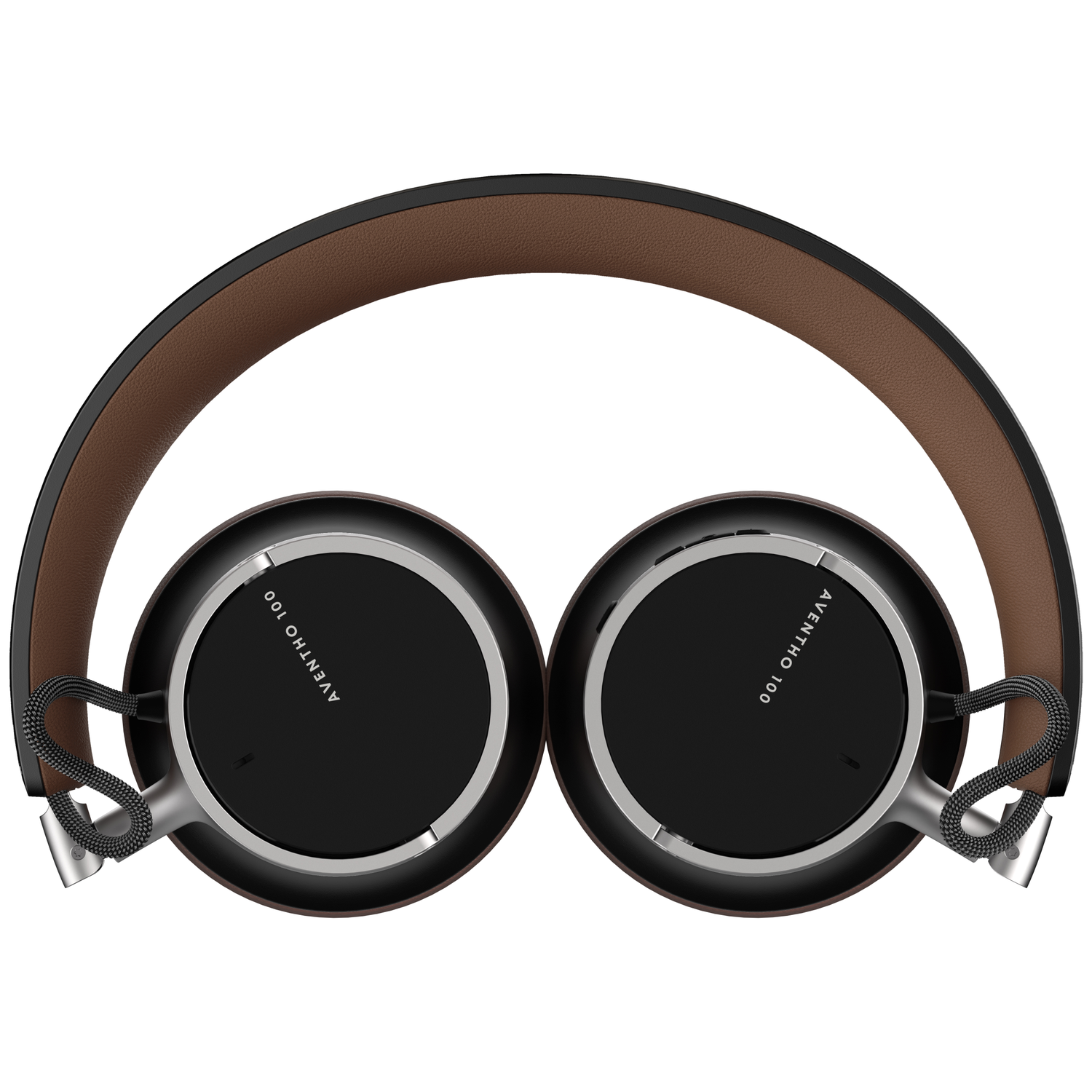 Overhead view of headphones. Brown leather headband. Black earcups with silver trim. Braided black and silver cords.