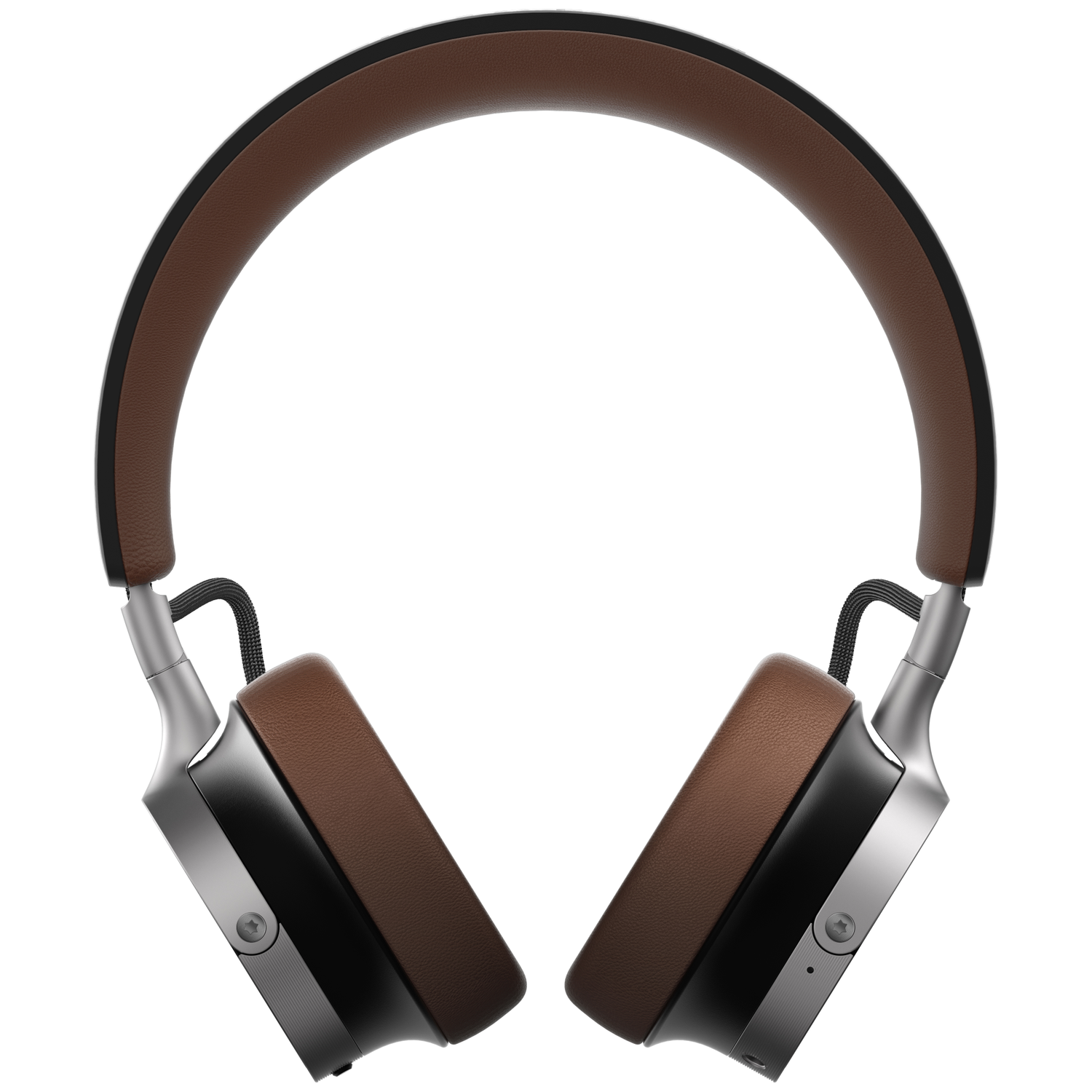 Over-ear headphones with a brown leather headband and earcups, silver and black accents, on a white background.