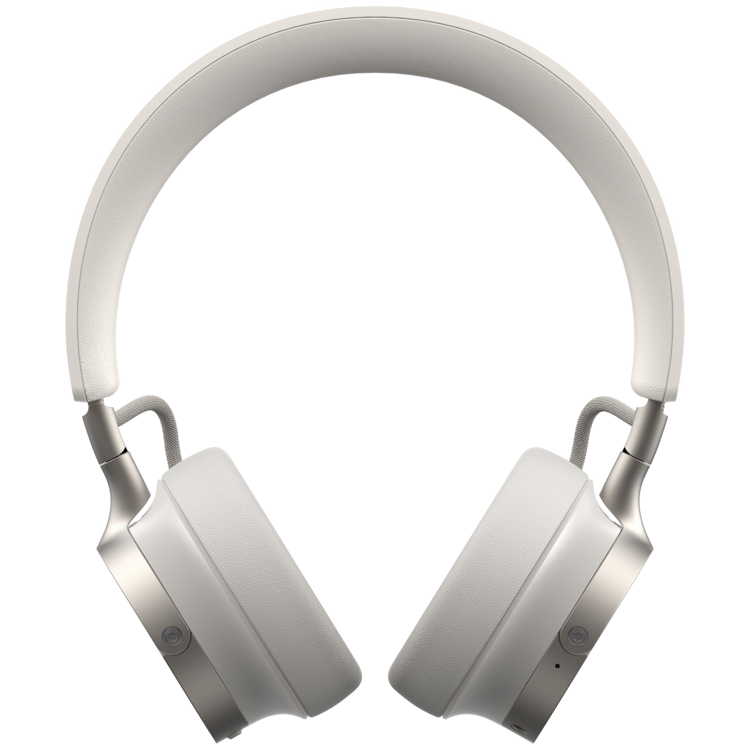 Witte koptelefoon met grijze accenten. Het over-ear-ontwerp heeft een gewatteerde hoofdband en oorschelpen. Metallic details zijn zichtbaar.
