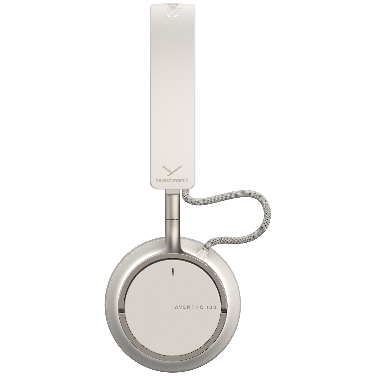 Witte en zilveren koptelefoon met 'beyerdynamic' logo en 'AVENTHO 100' tekst. Een grijze kabel verbindt de oorschelpen met de hoofdband.