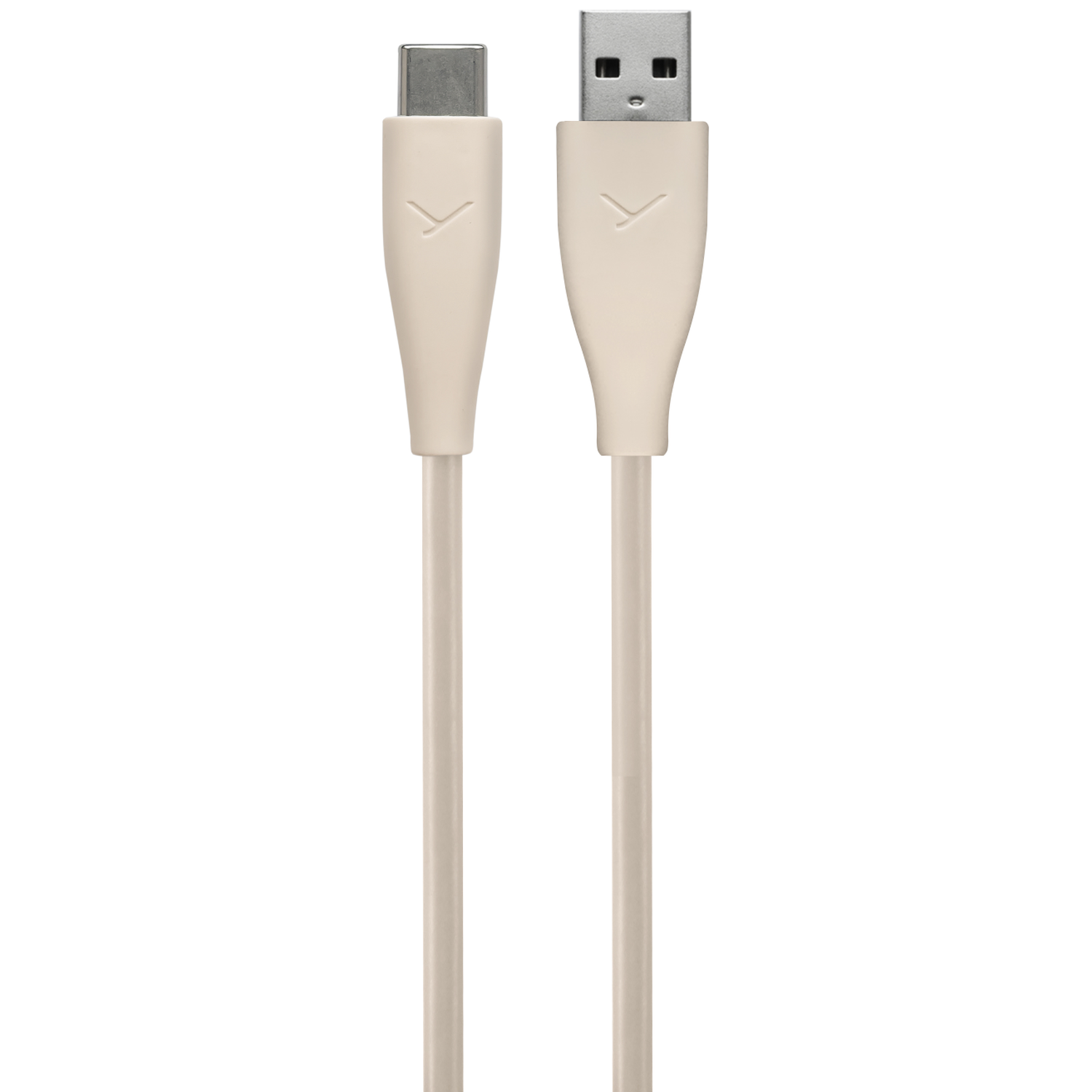 Twee beige USB-kabels: USB-C en USB-A, naar boven gericht. Elk heeft een logo op de connector. Witte achtergrond.