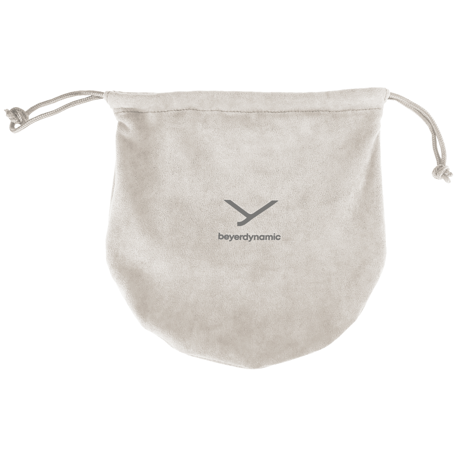 Een beige zakje met trekkoord en Beyerdynamic-logo. Het staat op een witte achtergrond. Het zakje is gesloten met twee touwtjes.