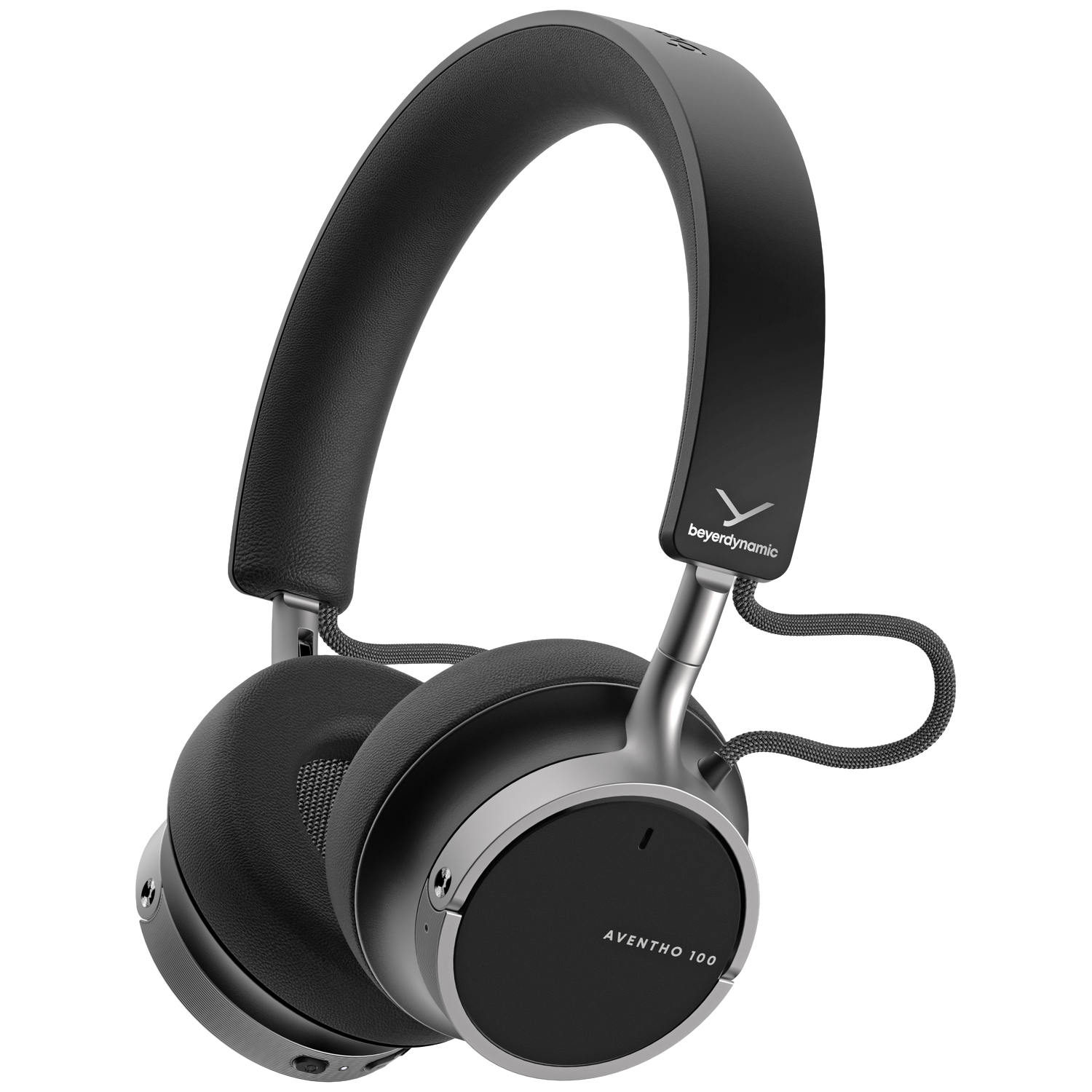 Zwarte en zilveren koptelefoon met de tekst 'AVENTHO 100' op de oorschelp. Merknaam 'beyerdynamic' zichtbaar.