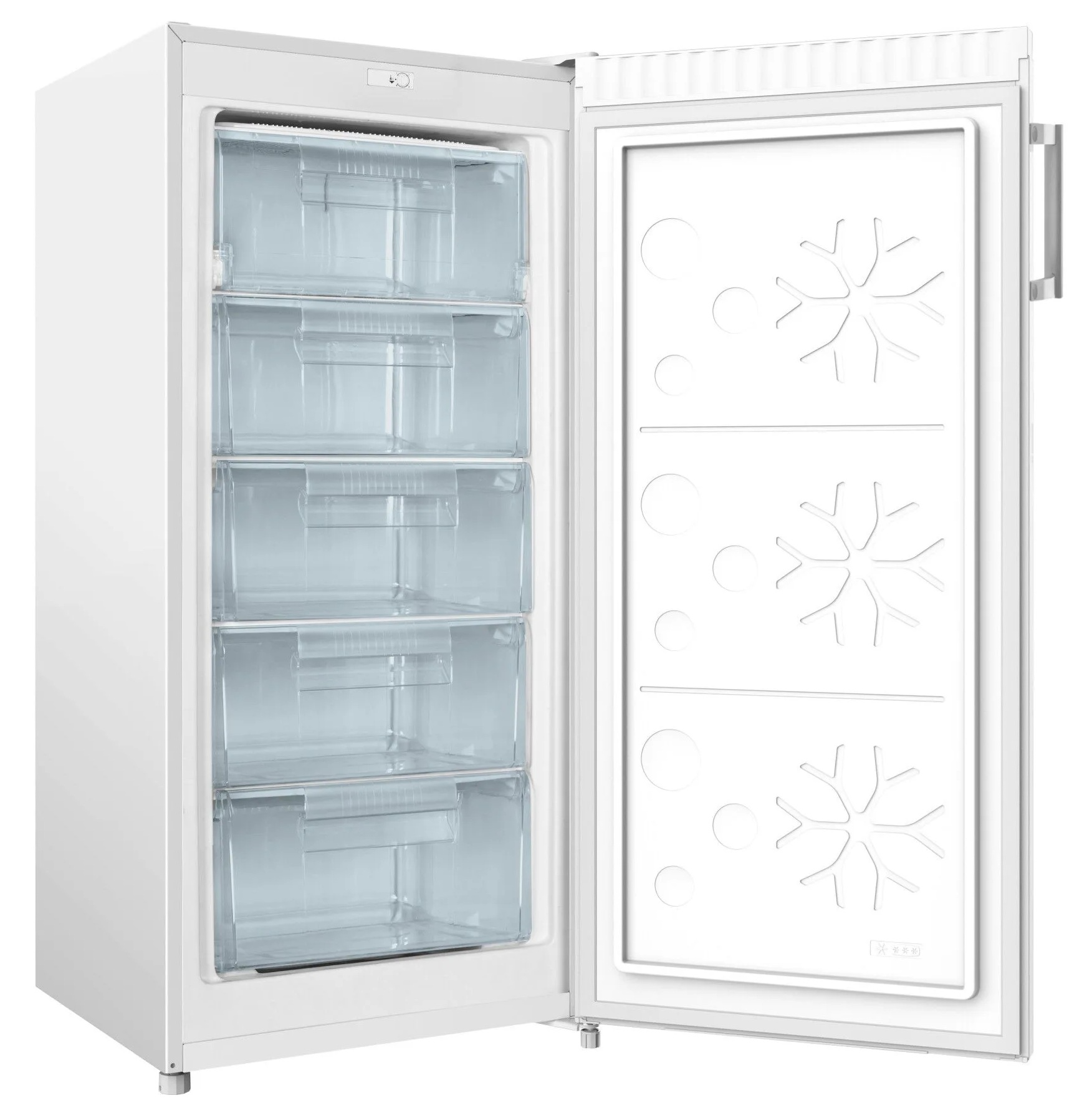 Biała zamrażarka z otwartymi drzwiami. W środku przezroczyste szuflady. Drzwi mają wzory płatków śniegu.