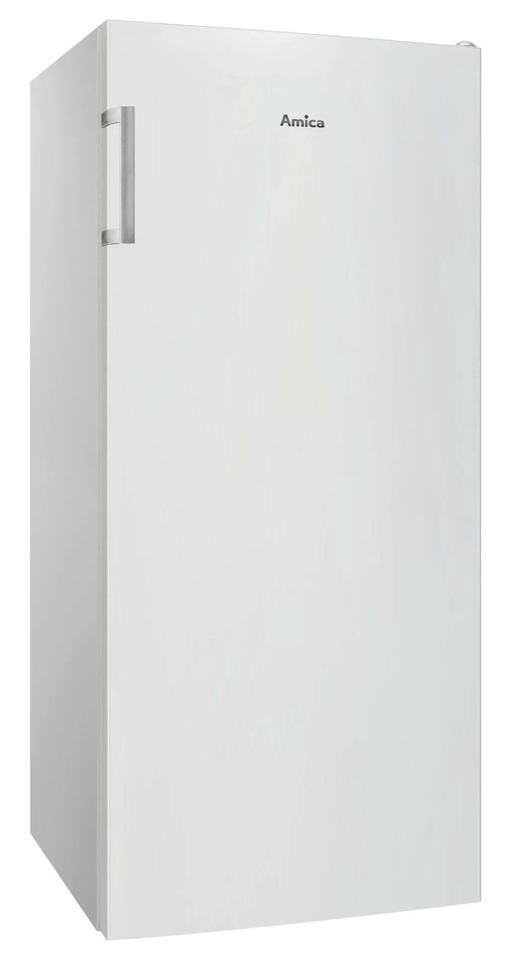 Biała lodówka Amica. Ma uchwyt po lewej stronie i nazwę marki na drzwiach.