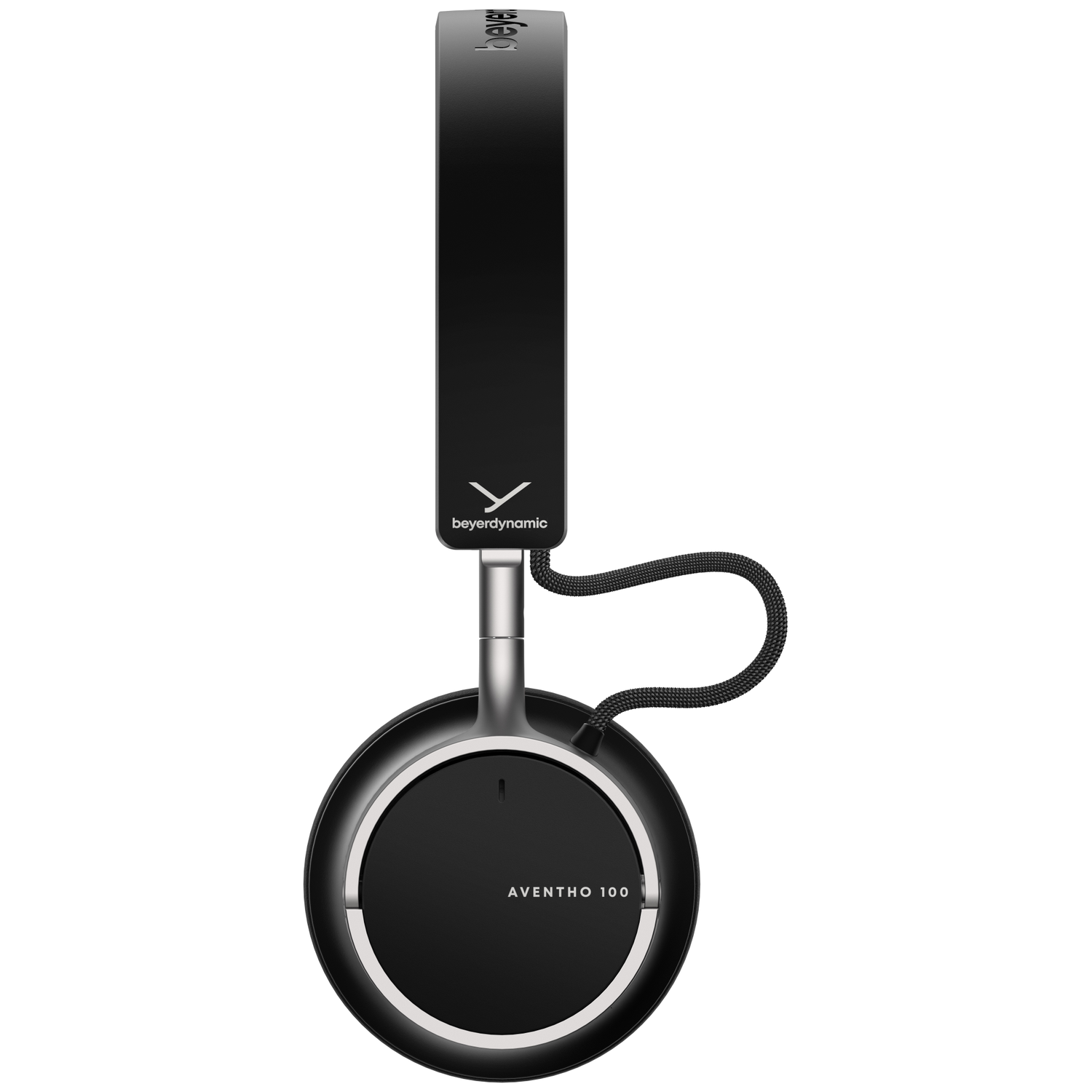 Zwarte hoofdtelefoon met zilveren accenten en een zwarte kabel. Merk 'beyerdynamic' zichtbaar. Model is 'AVENTHO 100'.