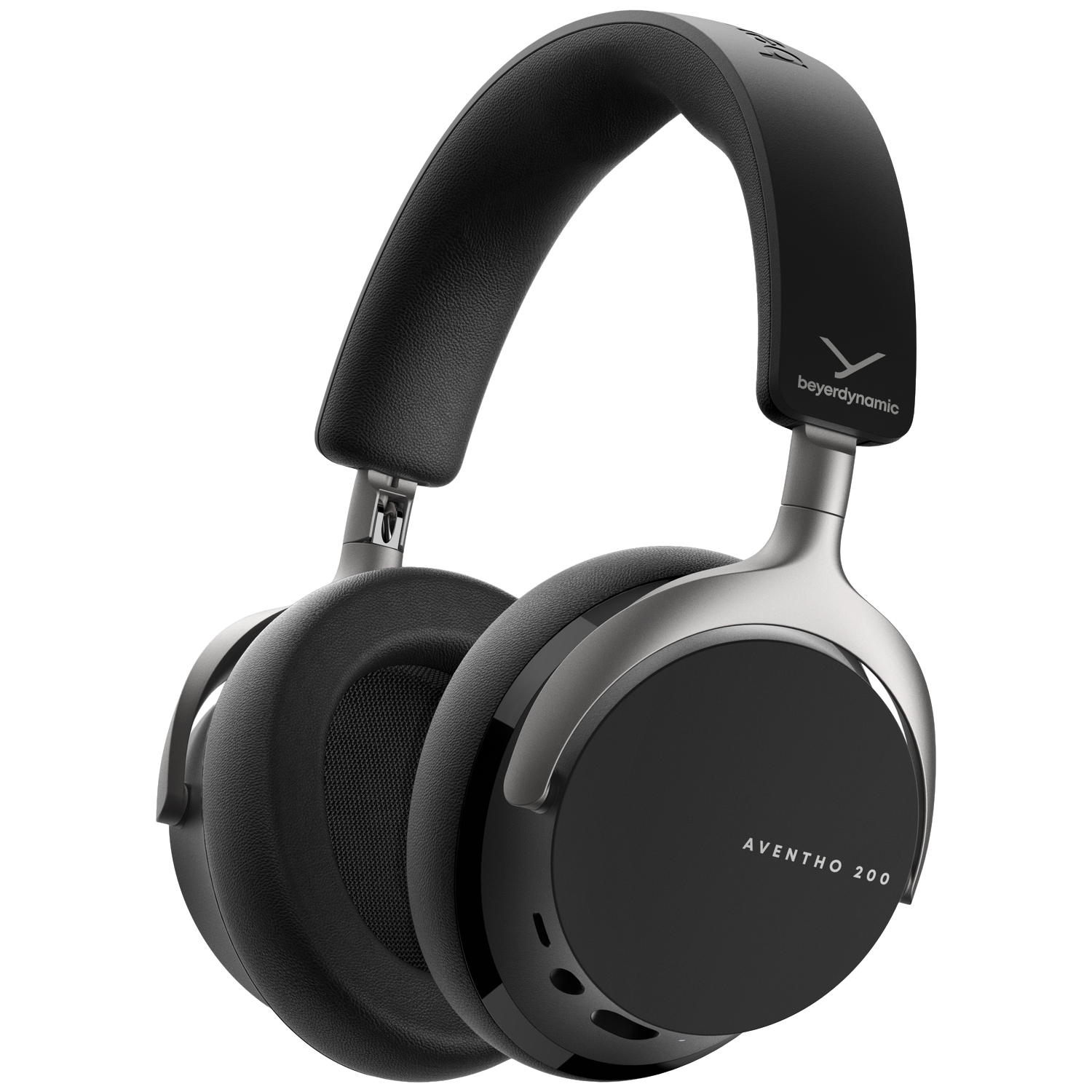 Zwarte en zilveren over-ear koptelefoon. De oorschelpen hebben de tekst Aventho 200. De hoofdband heeft een beyerdynamic logo.