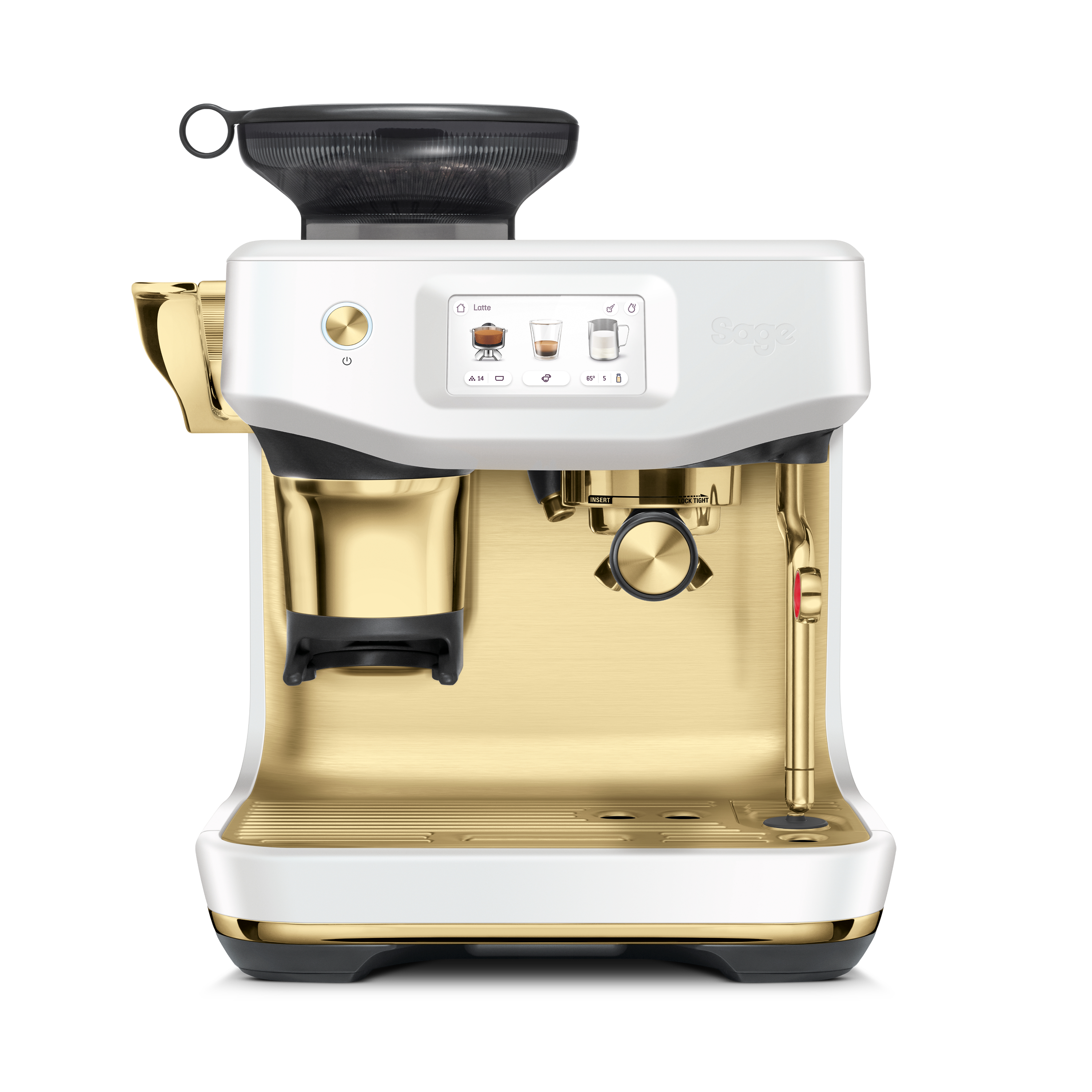 Eine weiß-goldene Espressomaschine. Sie hat ein digitales Display und eine Kaffeemühle oben.