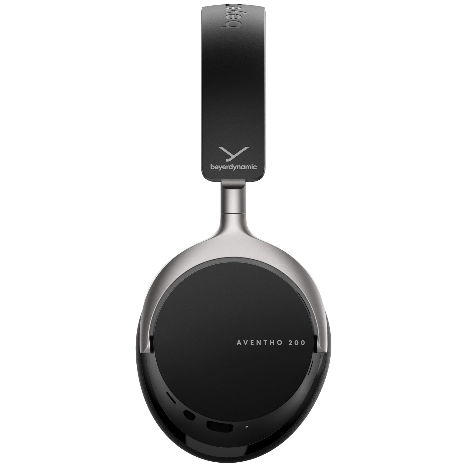 Zwarte en zilveren beyerdynamic AVENTHO 200 hoofdtelefoon. De hoofdtelefoon wordt getoond tegen een witte achtergrond.