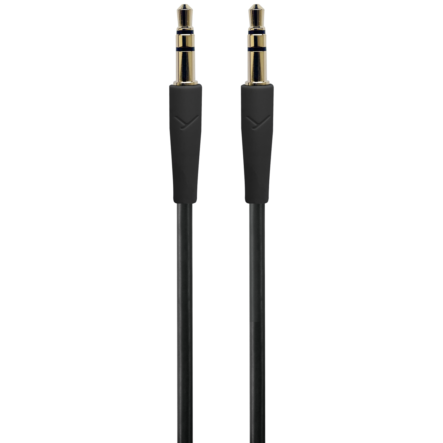 Twee zwarte audio jack kabels met gouden uiteinden staan verticaal tegen een witte achtergrond.