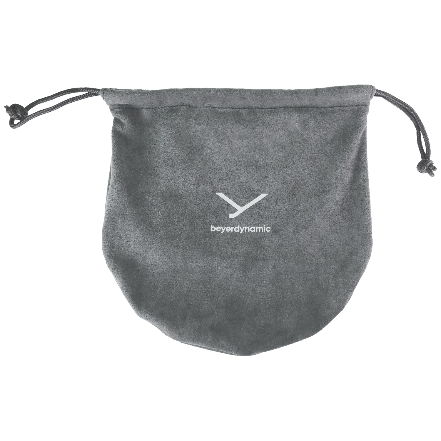 Een grijze fluwelen zakje met een trekkoord. De zak heeft het witte 'beyerdynamic' logo.